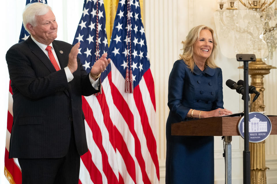 US First Lady Jill Biden speaks alongside Terry Hamby, Chairman of the US World War I Centennial Commission, about the upcoming National World War I Memorial and honor the people who helped in its creation, in the East Room of the White House in Washington, DC, May 7, 2024. (Photo by SAUL LOEB / AFP) (Photo by SAUL LOEB/AFP via Getty Images)