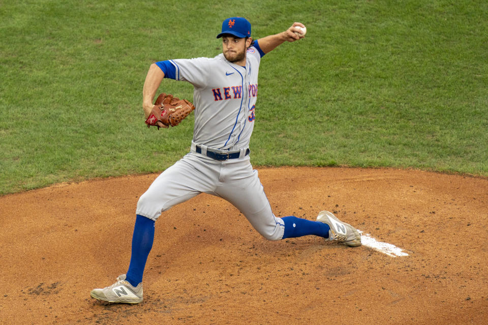 New York Mets starting pitcher Steven Matz throws a pitch during the first inning of a baseball game against the Philadelphia Phillies, Saturday, Aug. 15, 2020, in Philadelphia. (AP Photo/Chris Szagola)