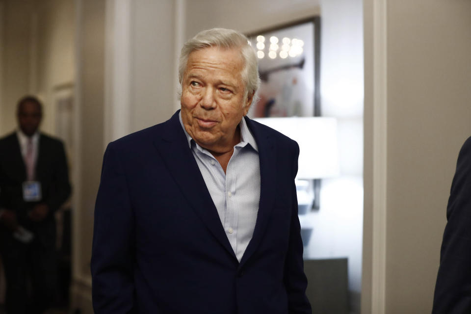 New England Patriots owner Robert Kraft arrives to the NFL football owners meeting on Wednesday, May 22, 2019, in Key Biscayne, Fla. (AP Photo/Brynn Anderson)