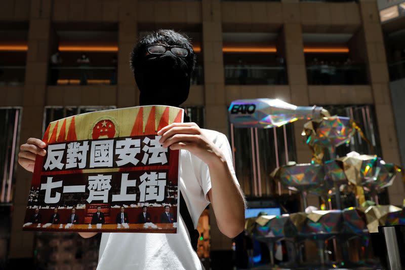A pro-democracy protester holds a placard during a protest in Hong Kong