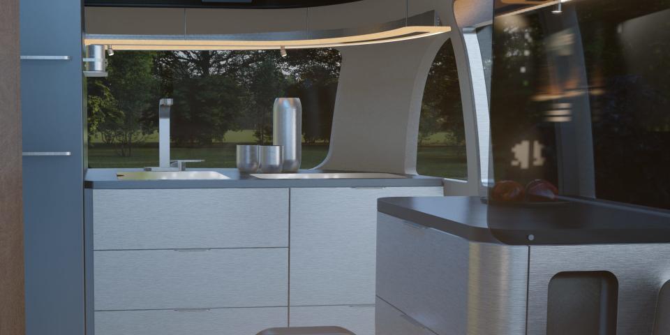 A rendering of the interior of the Airstream Studio F. A. Porsche Concept Travel Trailer.