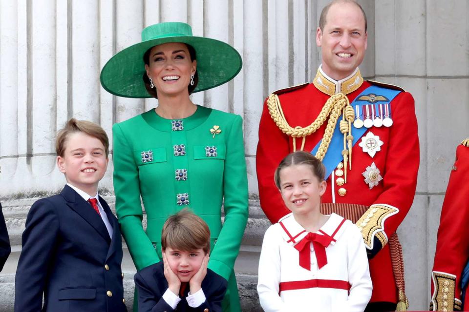 <p>Chris Jackson/Getty</p> Prince George, Kate Middleton, Prince Louis, Princess Charlotte and Prince William at Trooping the Colour 2023