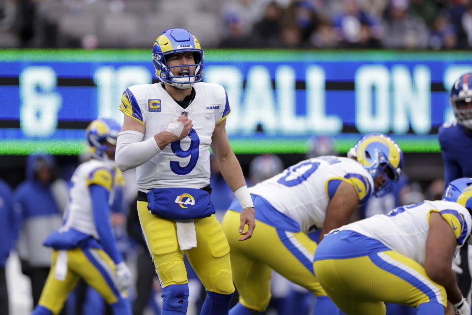 Los Angeles Rams quarterback Matthew Stafford (9) calls out to his sideline during the first half an NFL football game against the New York Giants, Sunday, Dec. 31, 2023, in East Rutherford, N.J. (AP Photo/Adam Hunger)