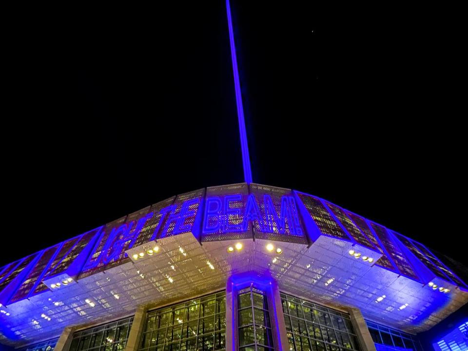 The beam shines into the sky after the Sacramento Kings beat the Orlando Magic 136-111 at Golden 1 Center in Sacramento, Monday, Jan. 9, 2023.