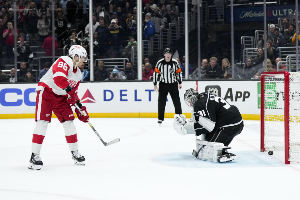 Detroit Red Wings right wing Patrick Kane (88) scores against Los Angeles Kings goaltender David Rittich during the shootout in an NHL hockey game Thursday, Jan. 4, 2024, in Los Angeles. The Red Wings won 4-3. (AP Photo/Jae C. Hong)