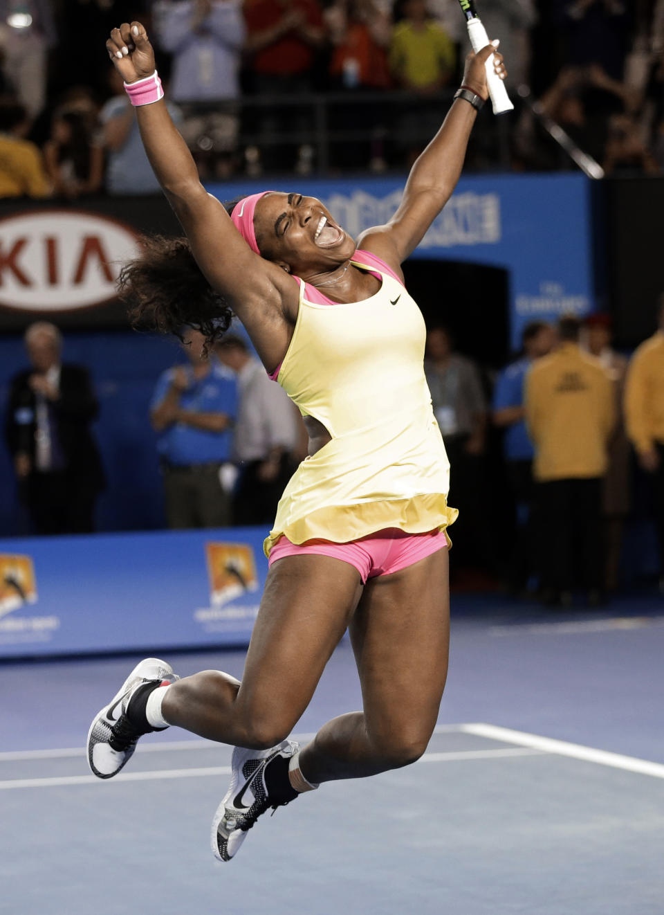 FILE - Serena Williams of the U.S. celebrates after defeating Maria Sharapova of Russia in the women's singles final at the Australian Open tennis championship in Melbourne, Australia, Saturday, Jan. 31, 2015. Saying “the countdown has begun,” 23-time Grand Slam champion Serena Williams said Tuesday, Aug. 9, 2022, she is ready to step away from tennis so she can turn her focus to having another child and her business interests, presaging the end of a career that transcended sports. (AP Photo/Bernat Armangue, File)