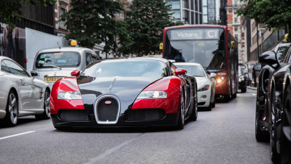 A Bugatti Veyron in London traffic.