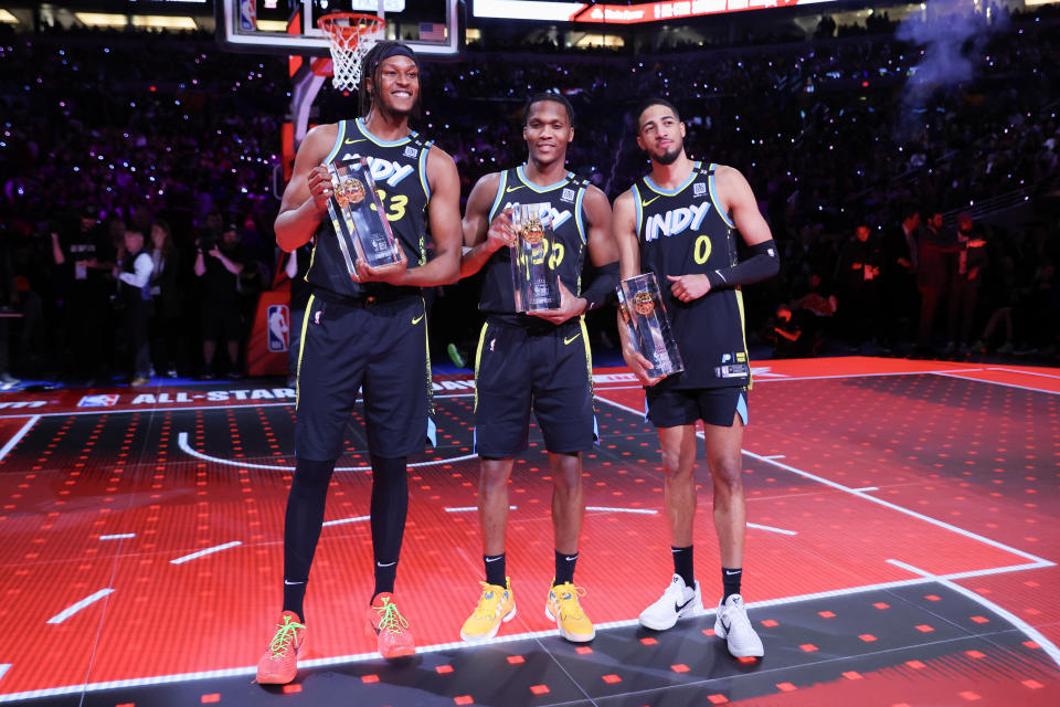 INDIANAPOLIS, INDIANA - FEBRUARY 17: Myles Turner #33, Bennedict Mathurin #00 and Tyrese Haliburton #0 of the Indiana Pacers pose for a photo after winning the 2024 Kia Skills Challenge during the State Farm All-Star Saturday Night at Lucas Oil Stadium on February 17, 2024 in Indianapolis, Indiana. NOTE TO USER: User expressly acknowledges and agrees that, by downloading and or using this photograph, User is consenting to the terms and conditions of the Getty Images License Agreement. (Photo by Stacy Revere/Getty Images)