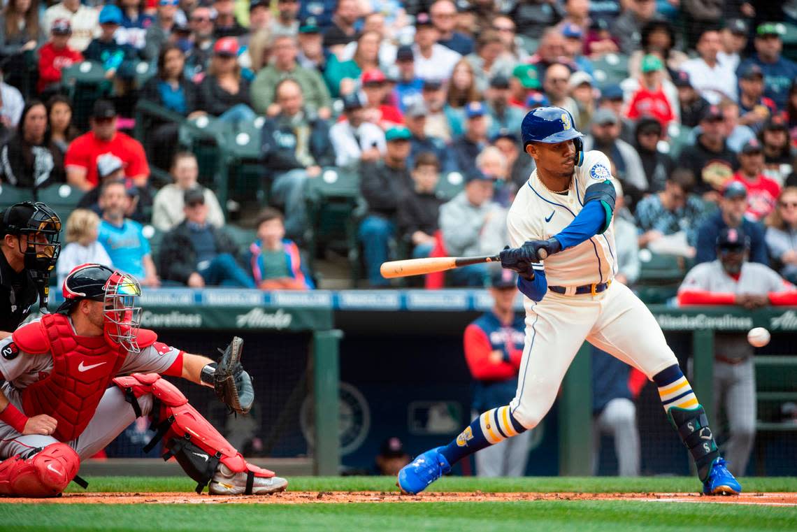 Seattle Mariners center fielder Julio Rodriguez (44) bats during the first inning at T-Mobile Park on Sunday, June 12, 2022 in Seattle, Wash. The Mariners lost to the Red Sox 0-2 after a homer was hit in the eighth inning scoring both runs for the Red Sox.