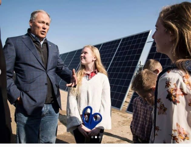 Washington Gov. Jay Inslee at a ribbon cutting ceremony for a new solar facility in Eastern Washington. Avista Utilities is purchasing the power for its customers. (Avista Photo via Instagram)