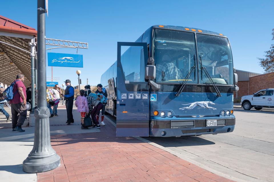 Passengers exit a Greyhound Bus at the Pueblo Transit Center on Thursday, November 2, 2023.