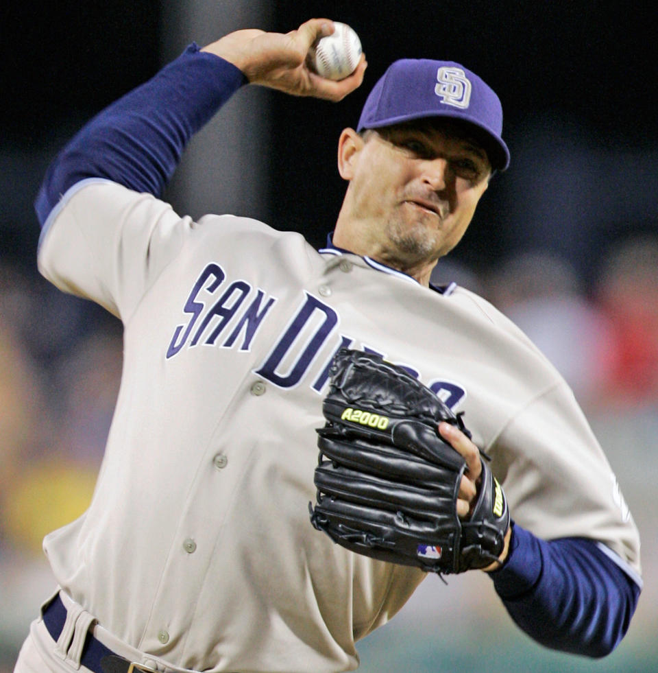 FILE - In this July 25, 2008, file photo, San Diego Padres closer Trevor Hoffman throws in the ninth inning against the Pittsburgh Pirates in a baseball game at Pittsburgh. Tim Raines and Jeff Bagwell are likely to be voted into baseball's Hall of Fame on Wednesday, Jan. 18, 2017, when Trevor Hoffman and Ivan Rodriguez also could gain the honor. (AP Photo/Gene J. Puskar, File)