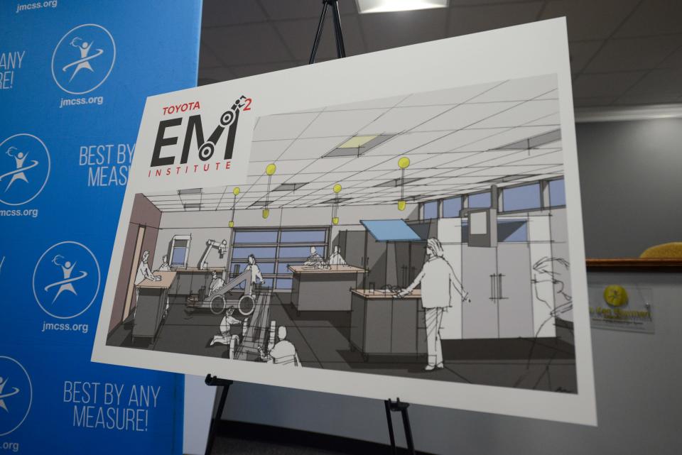 A board layout showcasing the upcoming Toyota EM Institute during the JMCSS x Toyota TN press conference in Jackson, Tenn., on Tuesday, Jan. 30, 2024.