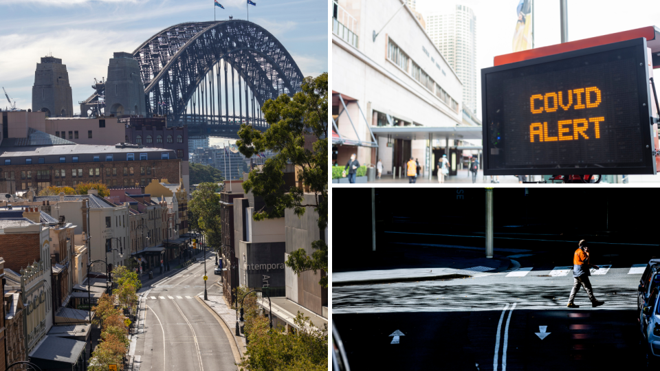 Empty streets in the Sydney CBD looking towards the Harbour Bridge. A sign showing a COVID alert. A man in a high-viz shirt walks alone in the Sydney CBD.