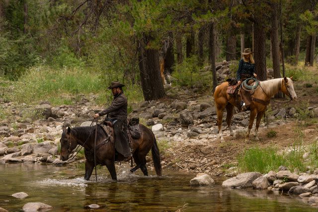 <p>Paramount+</p> Cole Hauser as Rip Wheeler and Kelly Reilly as Beth Dutton filming 'Yellowstone.'