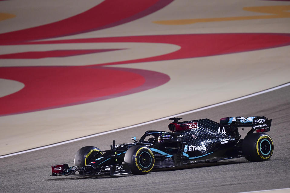 Mercedes driver Lewis Hamilton of Britain during the Formula One Bahrain Grand Prix in Sakhir, Bahrain, Sunday, Nov. 29, 2020. (Giuseppe Cacace, Pool via AP)