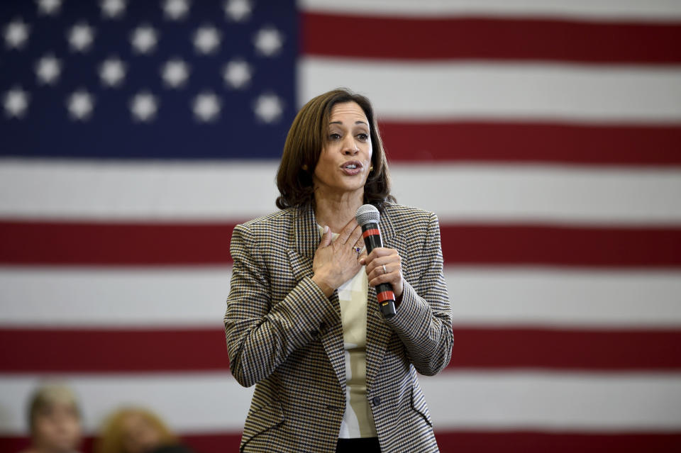 Democratic presidential candidate Kamala Harris speaks during a rally at Aiken High School in Aiken, S.C. Saturday, Oct. 19, 2019. (Michael Holahan/The Augusta Chronicle via AP)