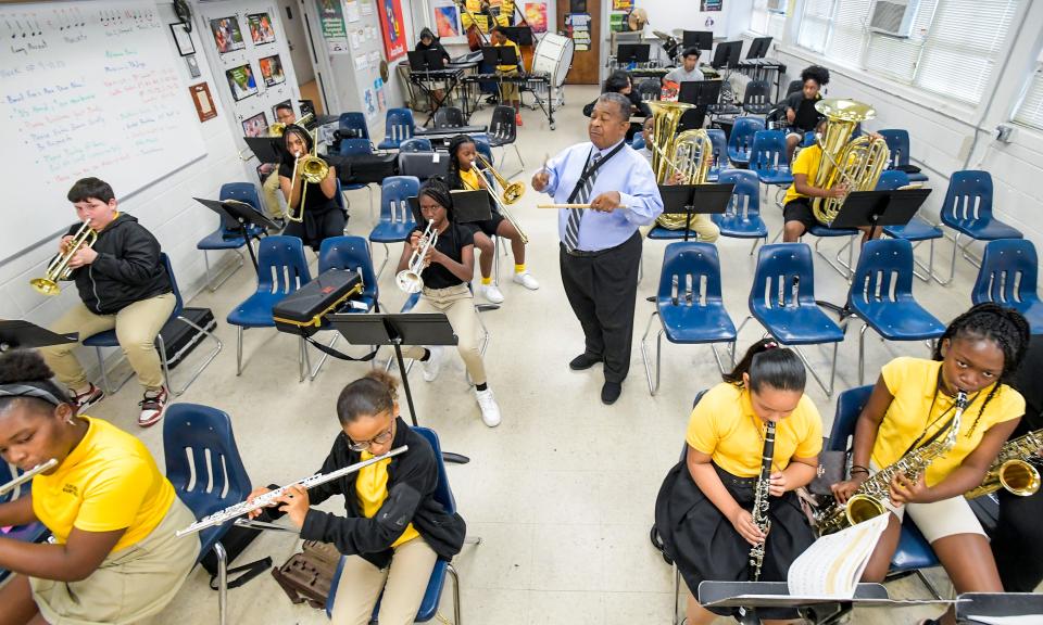 Coleman Woodson Jr. teaches a beginning band class at Floyd Middle Magnet School in Montgomery on Sept. 12.