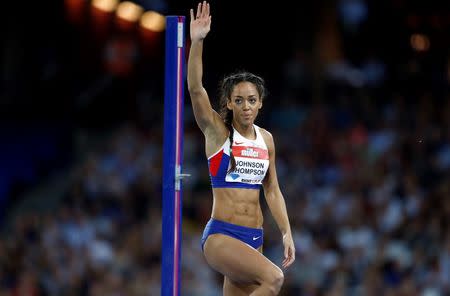 Britain Athletics - 2016 London Anniversary Games - Queen Elizabeth Olympic Park, Stratford, London - 22/7/16 Great Britain's Katarina Johnson-Thompson acknowledges the crowd during the Women's High Jump Reuters / Eddie Keogh