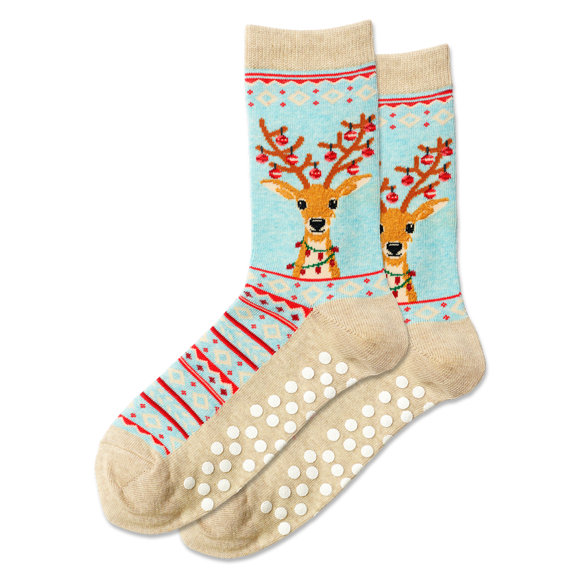 Women's Fuzzy Reindeer Non-Skid Crew Socks