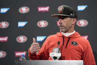 San Francisco 49ers head coach Kyle Shanahan speaks at a press conference after the team's NFL football game against the Miami Dolphins in Santa Clara, Calif., Sunday, Dec. 4, 2022. (AP Photo/Godofredo A. Vásquez)