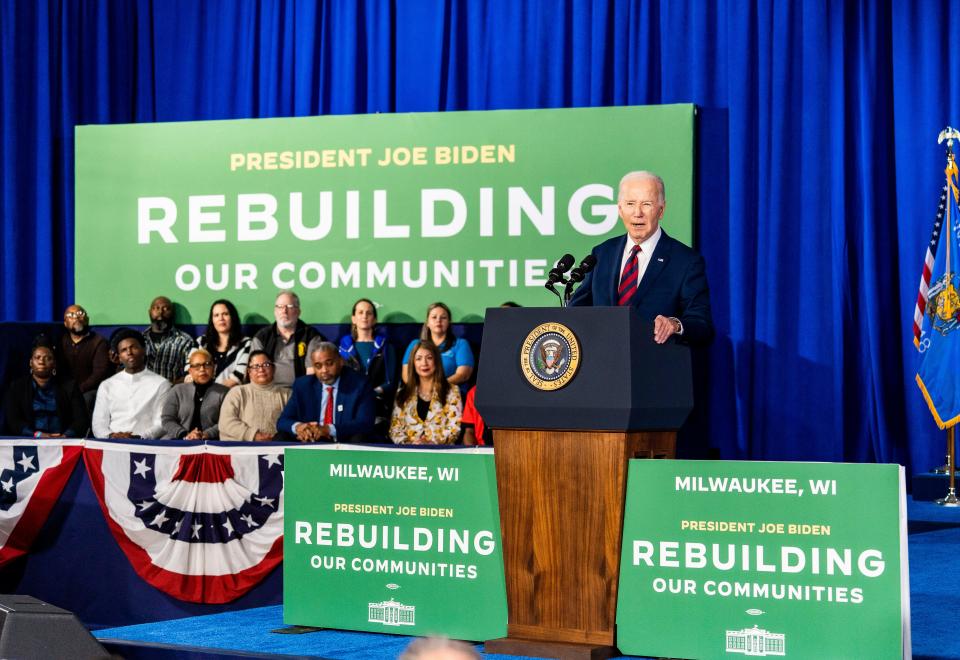 President Joe Biden speaks about a $36.6 million federal investment in the Sixth Street corridor that will be used to convert the thoroughfare into a more pedestrian-friendly area on Wednesday at the Pieper-Hillside Boys & Girls Club in Milwaukee.