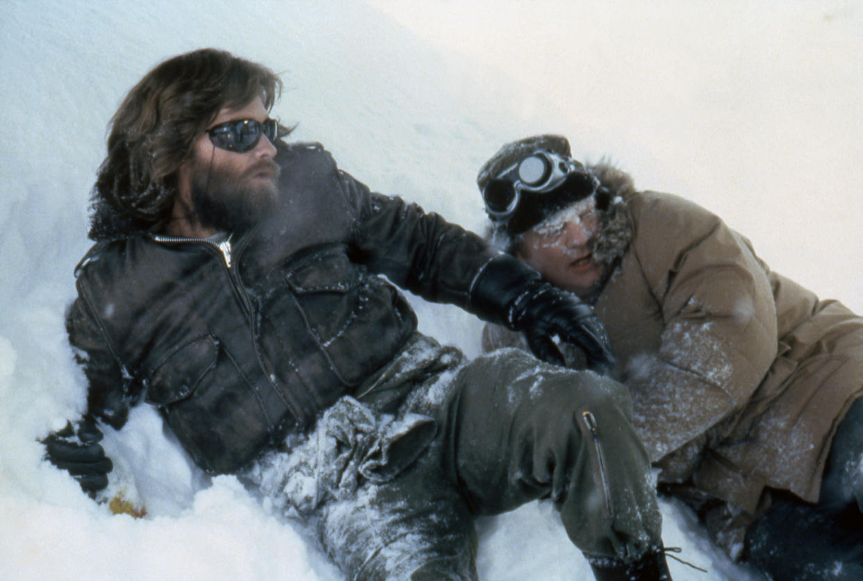 Kurt Russell and Charles Hallahan on the set of "The Thing". (Photo by Sunset Boulevard/Corbis via Getty Images)