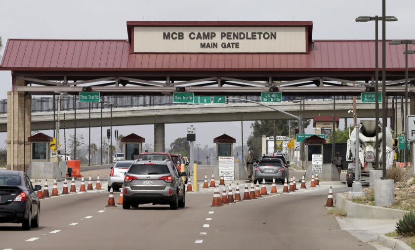 The entrance to Marine Corps base Camp Pendleton is seen Tuesday, Sept. 22, 2015, in Oceanside, Calif. (AP Photo/Gregory Bull)