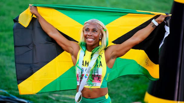 PHOTO: In this July 17, 2022, file photo, Shelly-Ann Fraser-Pryce of Jamaica reacts after winning the gold medal in the women's 100-meter final at the World Athletics Championships Oregon 22 in Eugene, Oregon. (Pool For Yomiuri/The Yomiuri Shimbun via AP, FILE)