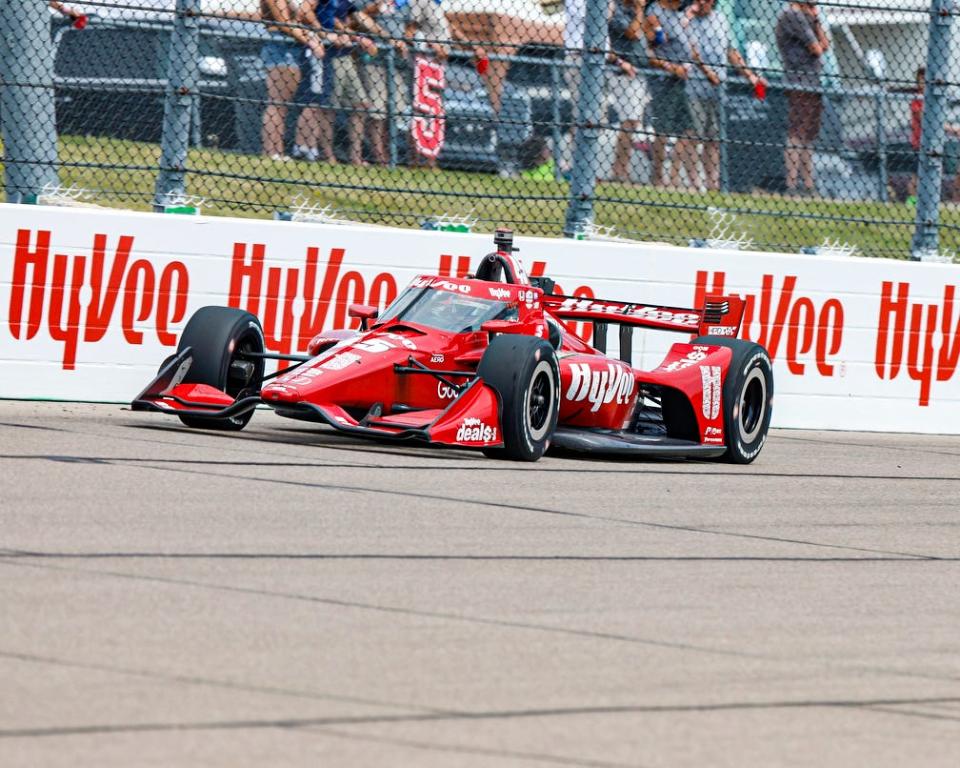 Driver Jack Harvey's Hy-Vee-sponsored car races at the Iowa Speedway in Newton in 2022.