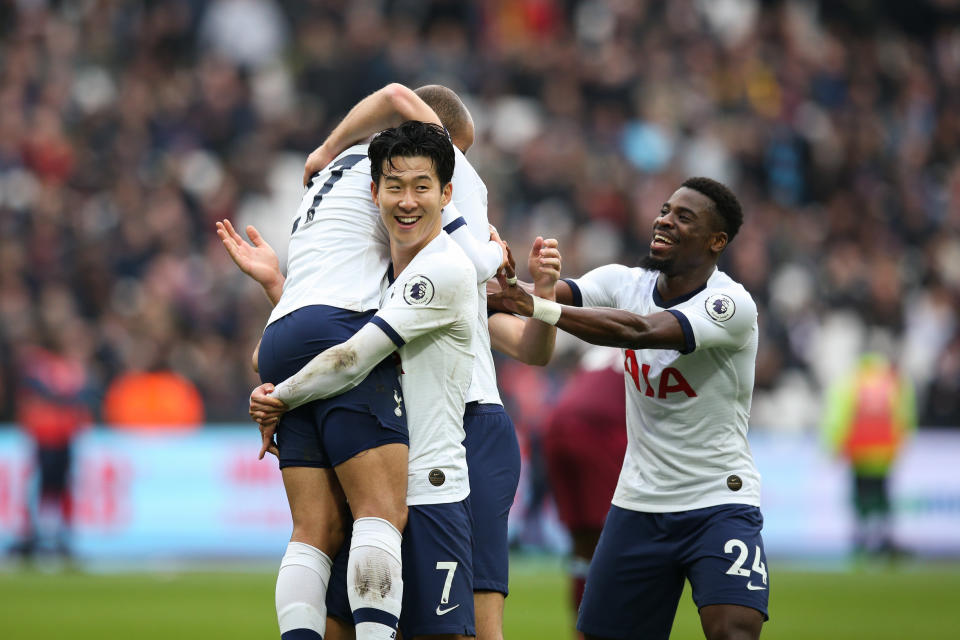 LONDON, ENGLAND - NOVEMBER 23: Lucas Moura of Tottenham Hotspur celebrates scoring his side's second goal with team mates Son Heung-Min and Serge Aurier during the Premier League match between West Ham United and Tottenham Hotspur at London Stadium on November 23, 2019 in London, United Kingdom. (Photo by Craig Mercer/MB Media/Getty Images)