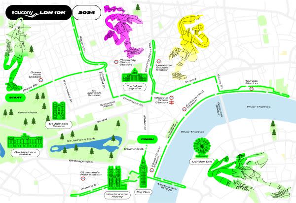 The map for the Saucony London 10k taking over the capital 