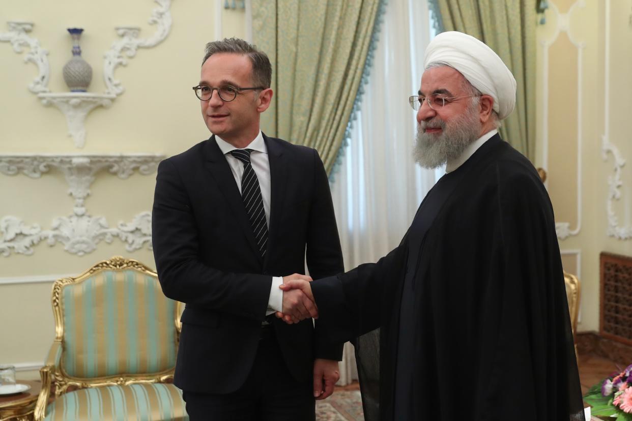 TEHRAN, IRAN - JUNE 10 :  (----EDITORIAL USE ONLY  MANDATORY CREDIT - "IRANIAN PRESIDENCY - HANDOUT" - NO MARKETING NO ADVERTISING CAMPAIGNS - DISTRIBUTED AS A SERVICE TO CLIENTS----) Iranian President Hassan Rouhani (R) receives German Foreign Minister Heiko Maas (L) in Tehran, Iran on  June 10, 2019.    (Photo by IRANIAN PRESIDENCY - HANDOUT/Anadolu Agency/Getty Images)