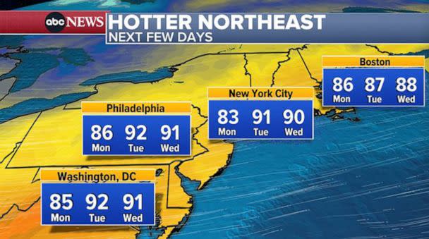 PHOTO: A weather map shows the heat forecast for the next three days for much of the Northeast, July 11, 2022. (ABC News)