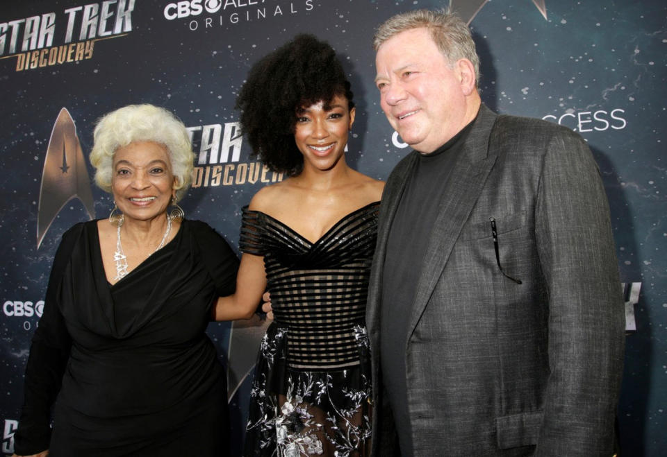 Nichelle Nichols, Sonequa Martin-Green and William Shatner pose for a photo at the premier of "Star Trek: Discovery." <cite>Francis Specker/CBS</cite>