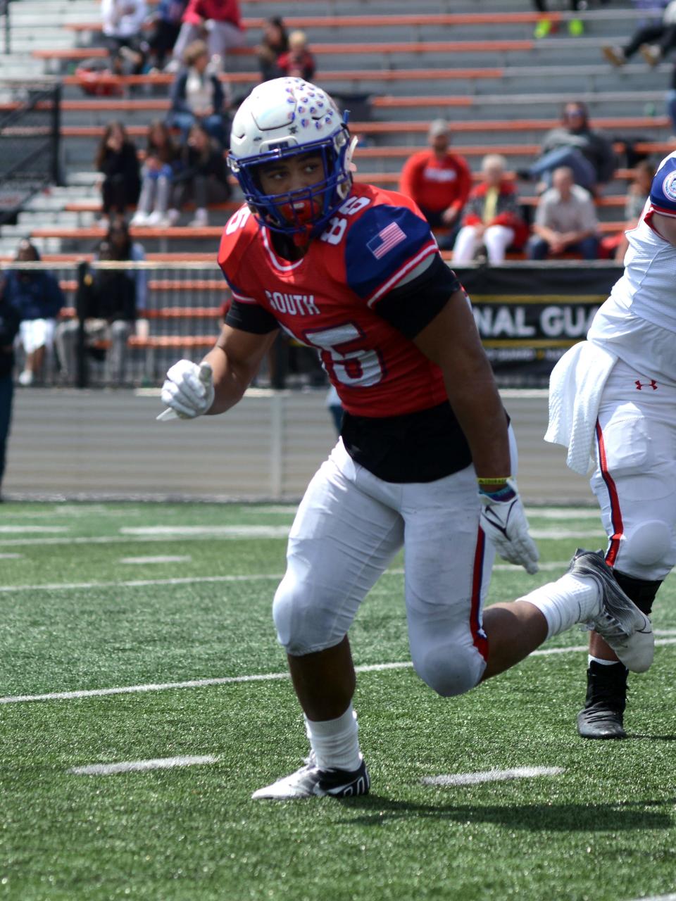 Zanesville's Kanye Evans chases a ballcarrier for the South squad during the annual Ohio North-South All-Star Football Classic on Saturday at Paul Brown Tiger Stadium in Massillon.