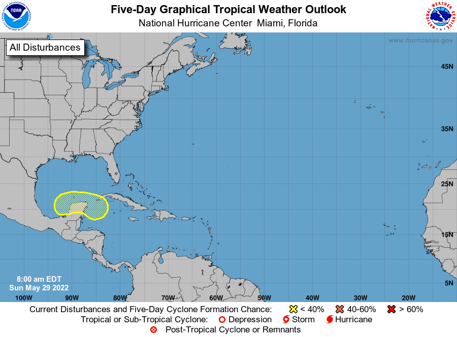 A graphic from the National Hurricane Center shows where an area of low pressure could form in the next 5 days. There's 30% chance of tropical cyclone development during that time.