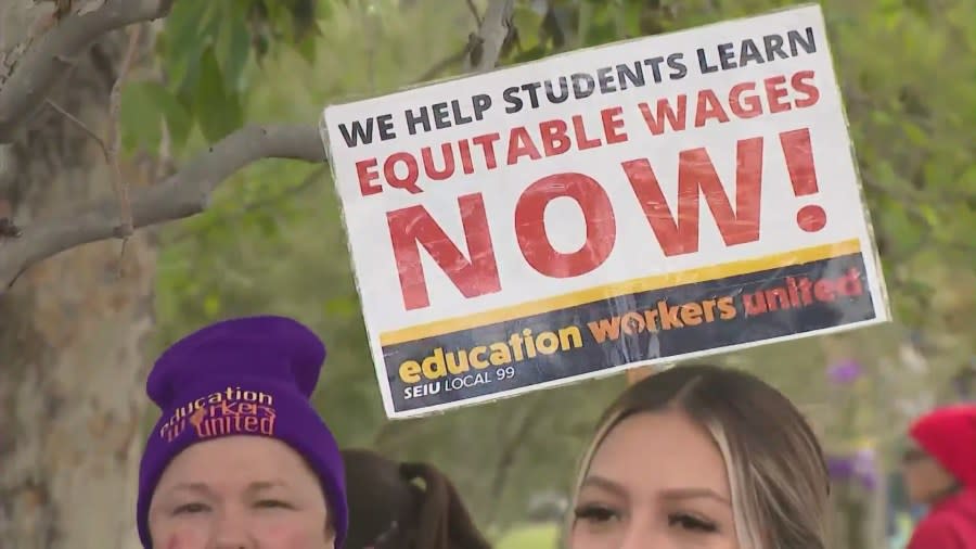 Around 60,000 Los Angeles Unified School District employees on strike, calling for higher wages and better working conditions on March 23, 2023. (KTLA)