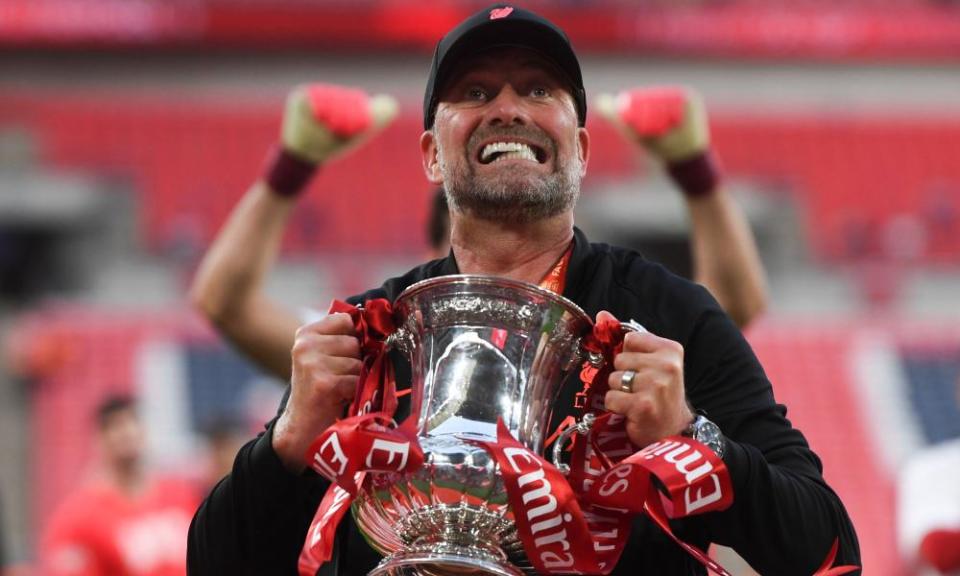 Jürgen Klopp with the FA Cup after Liverpool’s penalty shootout win over Chelsea