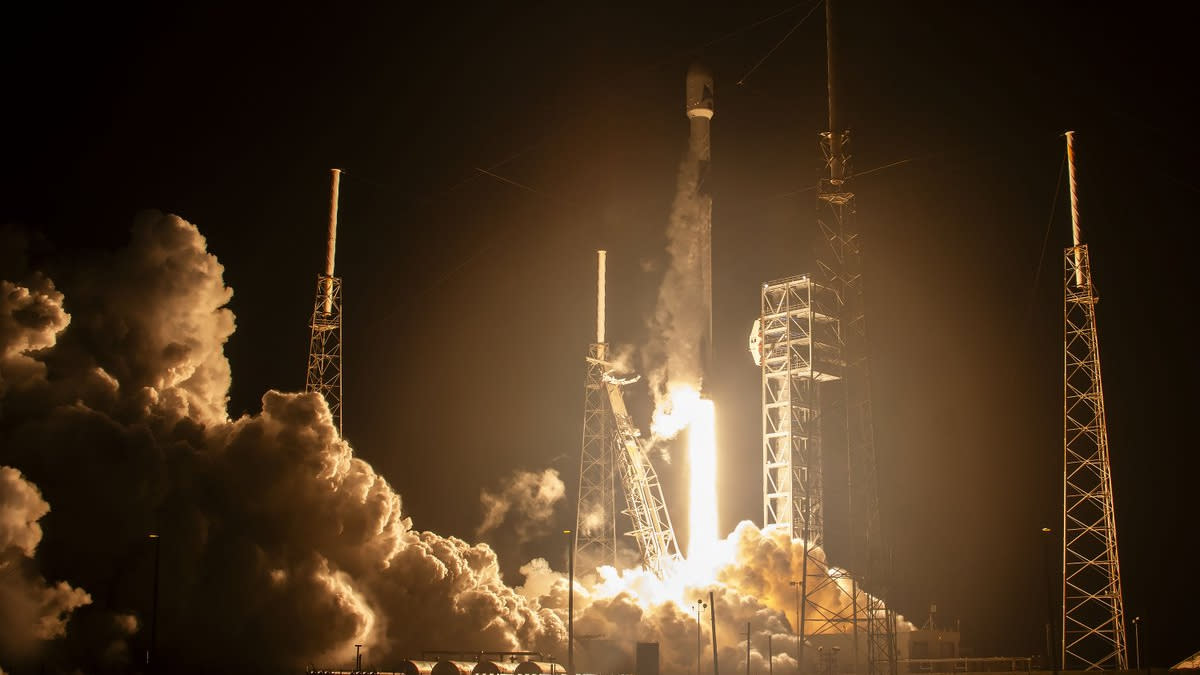  A SpaceX Falcon 9 rocket launches NASA's PACE Earth ocean satellite into orbit from Cape Canaveral, Florida on Feb. 8, 2024. 