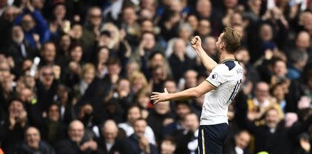 Britain Soccer Football - Tottenham Hotspur v Stoke City - Premier League - White Hart Lane - 26/2/17 Tottenham's Harry Kane celebrates scoring their third goal and completing his hat trick Reuters / Dylan Martinez