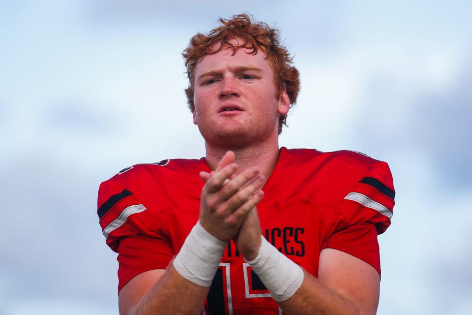 Santaluces quarterback Will Prichard (12) is seen during warmups prior to the start of the game between Inlet Grove and host Santaluces in Lantana, FL., on Thursday, August 25, 2022. Final score, Santaluces, 32, Inlet Grove, 20.