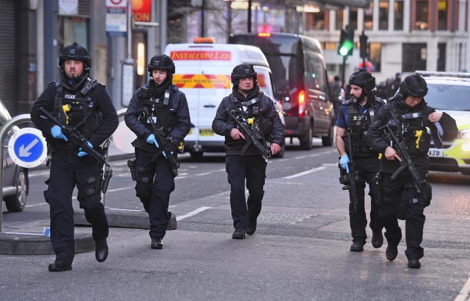 Police on Cannon Street in London near the scene of an incident on London Bridge in central London.