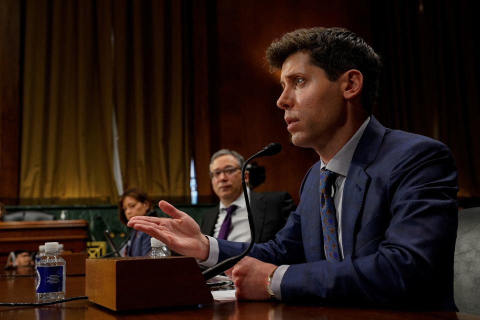 Photo of Sam Altman speaking at the Senate hearing on Tuesday.