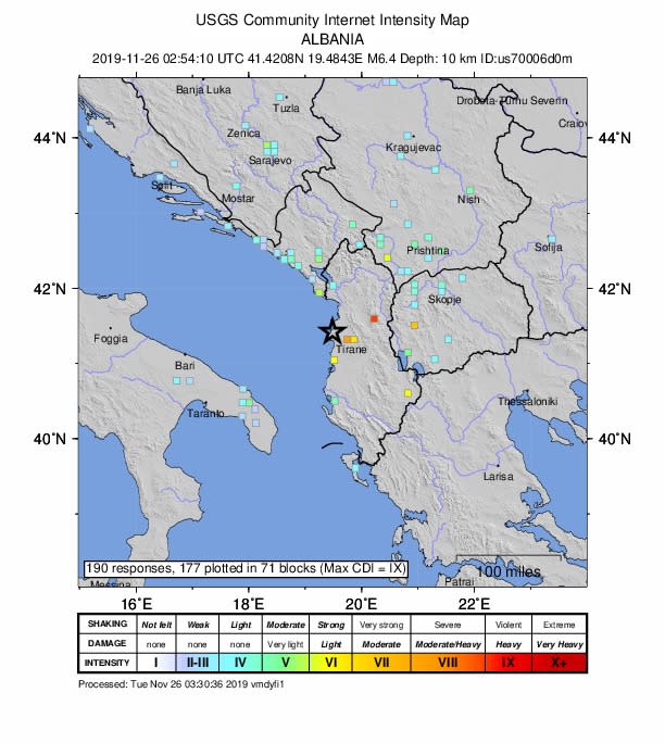 阿爾巴尼亞傳地震 美國地質調查所：規模6.4（擷取自USGS）