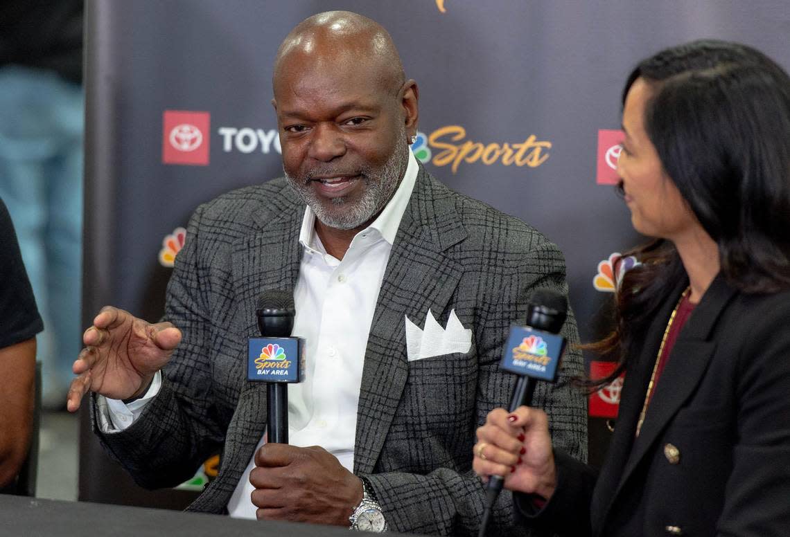 NFL Hall of Fame running back Emmitt Smith participates in an interview at Super Bowl LVII’s Media Row on Friday, Feb. 10, 2023, in Phoenix, Ariz.