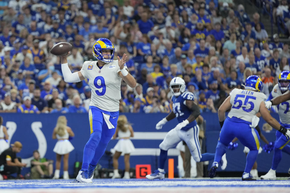 Los Angeles Rams quarterback Matthew Stafford (9) throws during the first half of an NFL football game against the Indianapolis Colts, Sunday, Sept. 19, 2021, in Indianapolis. (AP Photo/AJ Mast)