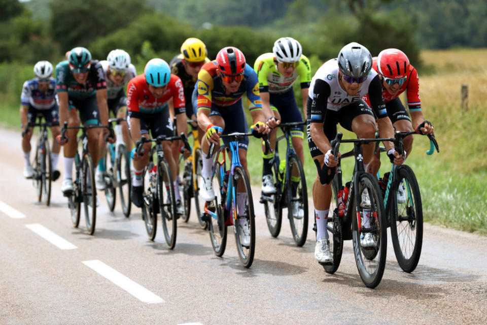 POLIGNY FRANCE  JULY 21 LR Matteo Trentin of Italy and UAE Team Emirates and Warren Barguil of France and Team ArkaSamsic compete in the breakaway during the stage nineteen of the 110th Tour de France 2023 a 1728km stage from MoiransenMontagne to Poligny  UCIWT  on July 21 2023 in Poligny France Photo by Michael SteeleGetty Images