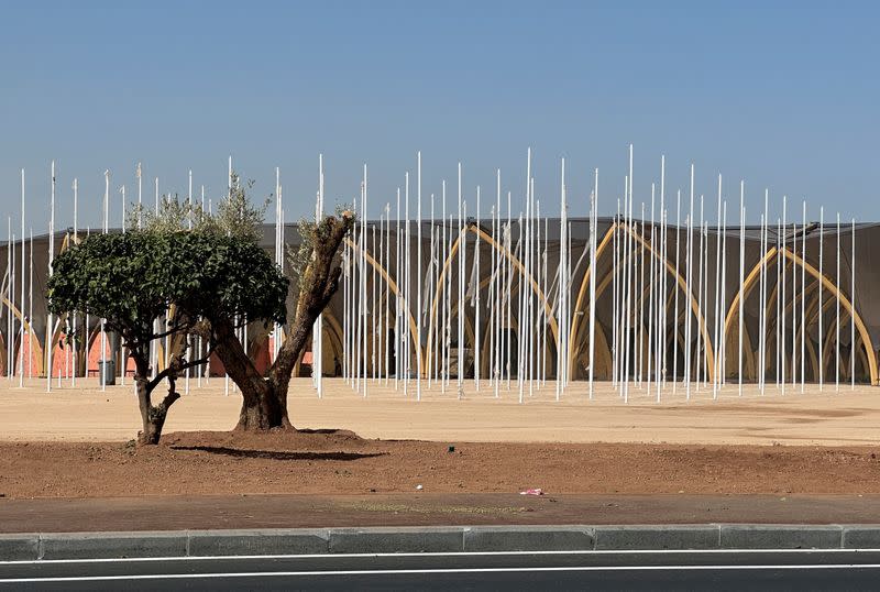 FILE PHOTO: A view shows the entrance of the venue for the upcoming meetings of the IMF and the World Bank, in Marrakech