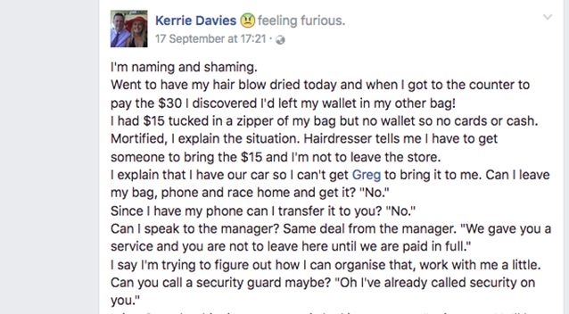 Mrs Davies launched a scathing attack on the salon on Facebook. Source: Facebook/KerrieDavies